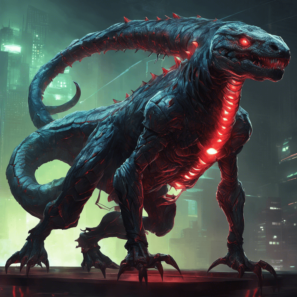 A towering, reptilian beast with gleaming cybernetic enhancements and eyes glowing with a malevolent red hue. It wields a plasma scythe that crackles with energy.