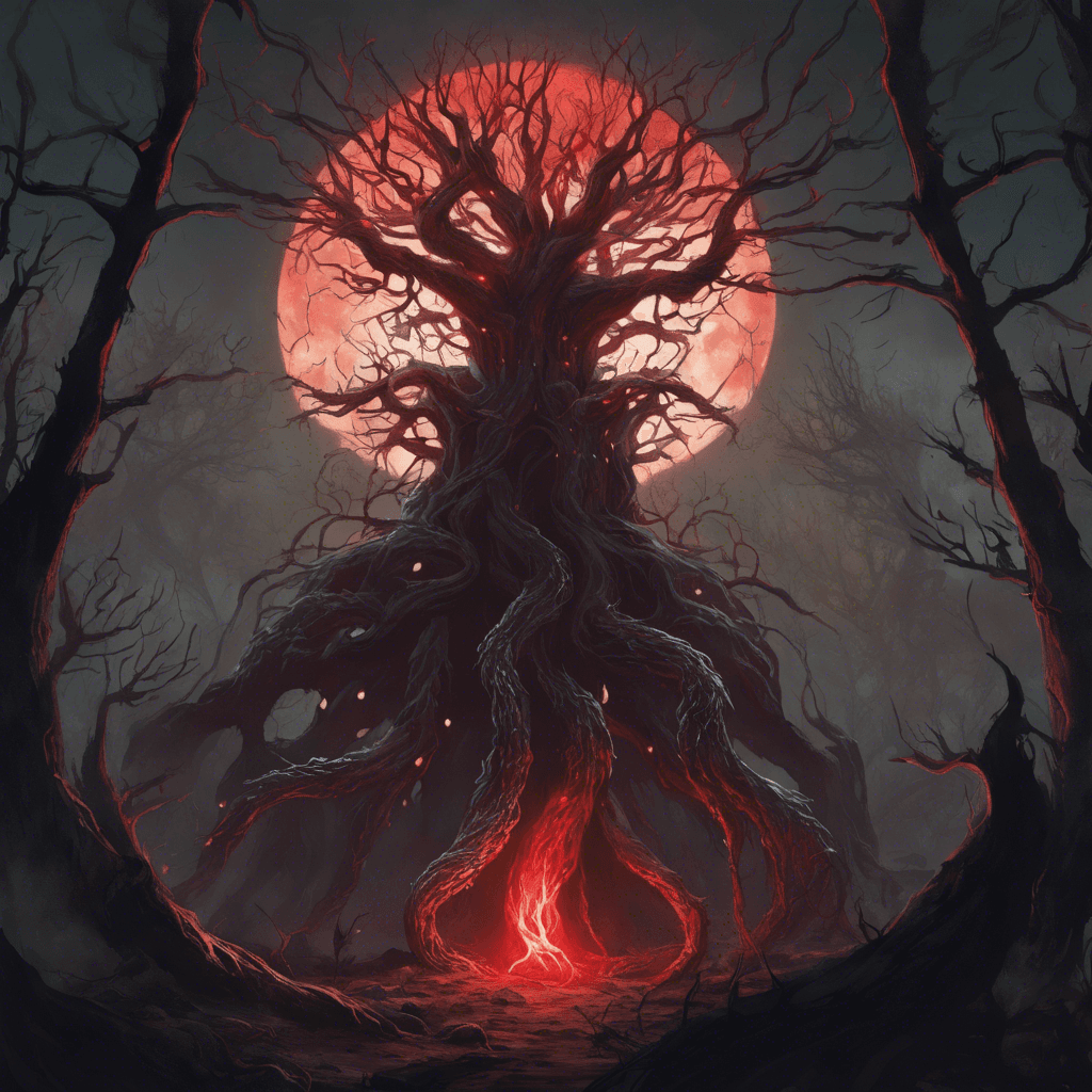 A towering tree-like creature with bark as dark as night, eyes glowing with a malevolent red light, twisted branches for limbs, and roots that writhe below it like eager serpents.