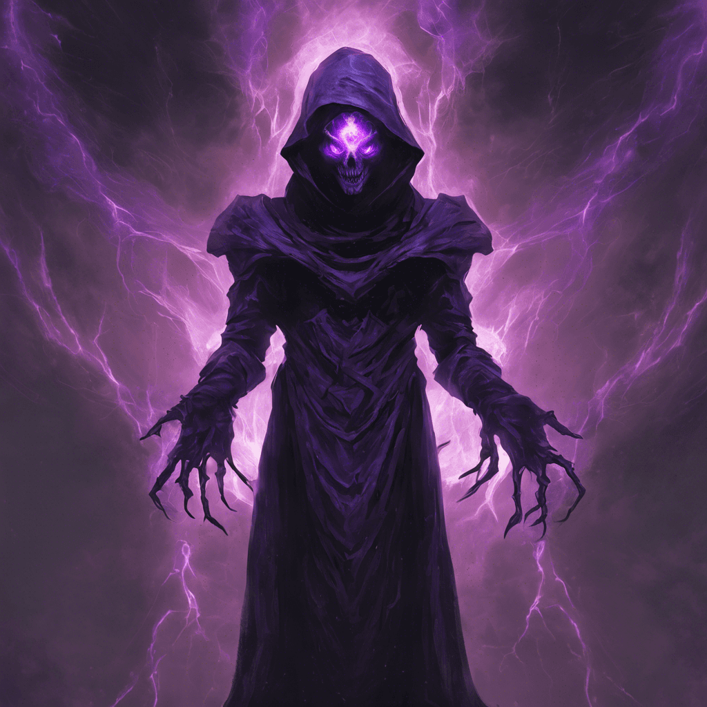 The Void Warden is a humanoid figure shrouded in darkness, with glowing purple eyes that seem to pierce through the blackness surrounding it. Its presence exudes a sense of unease and impending doom, as if it is a harbinger of some cosmic catastrophe.