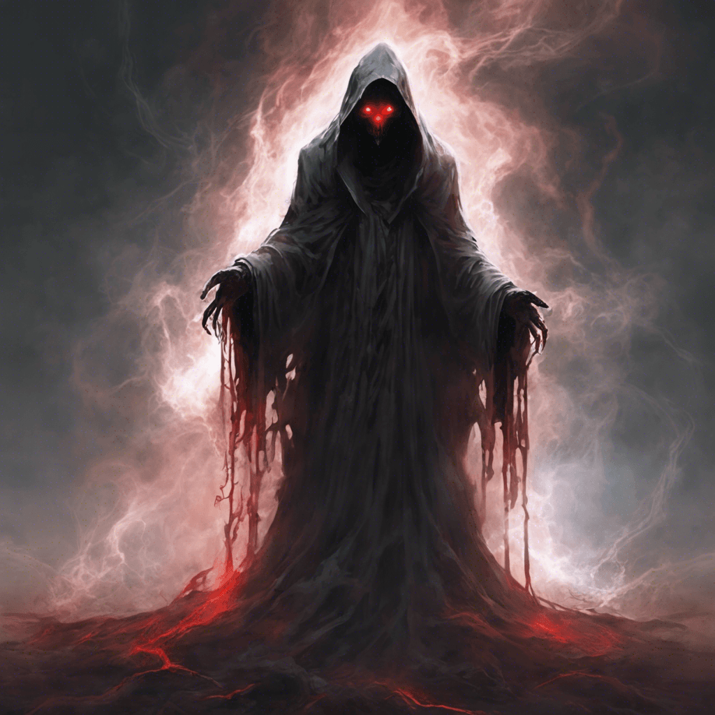 A shadowy figure with glowing red eyes, dressed in tattered robes that seem to flow like smoke. Its presence chills the air around it, and its spectral form flickers as if it's not completely anchored to the physical realm. The Wraith emits a low, mournful wail that sends shivers down your spine.