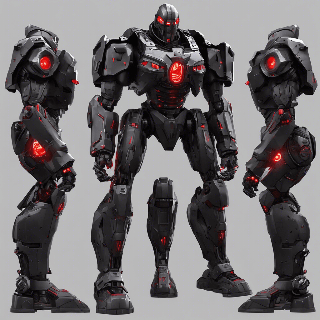 A towering figure, the Sentinel Enforcer is a heavy-class law enforcement automaton. Encased in black titanium alloy armor with crimson highlights, its chassis is adorned with pulsing warning lights. The Enforcer's face is a featureless visor emitting a scanning red light beam, designed to instill dread. Hydraulic limbs whir as it moves with a purpose, and its mechanical hands are capable of morphing into different enforcement tools.