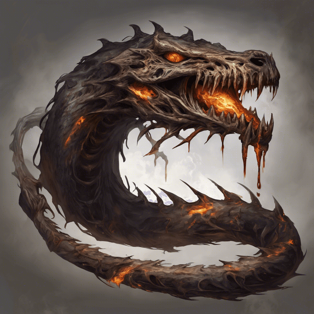 A withered serpent with bones exposed, its elongated fangs glint with lethal venom that drips to the ground, sizzling upon contact. Its eyes, hollow yet aflame with a ghostly light, fix on its prey as it coils in readiness to strike.