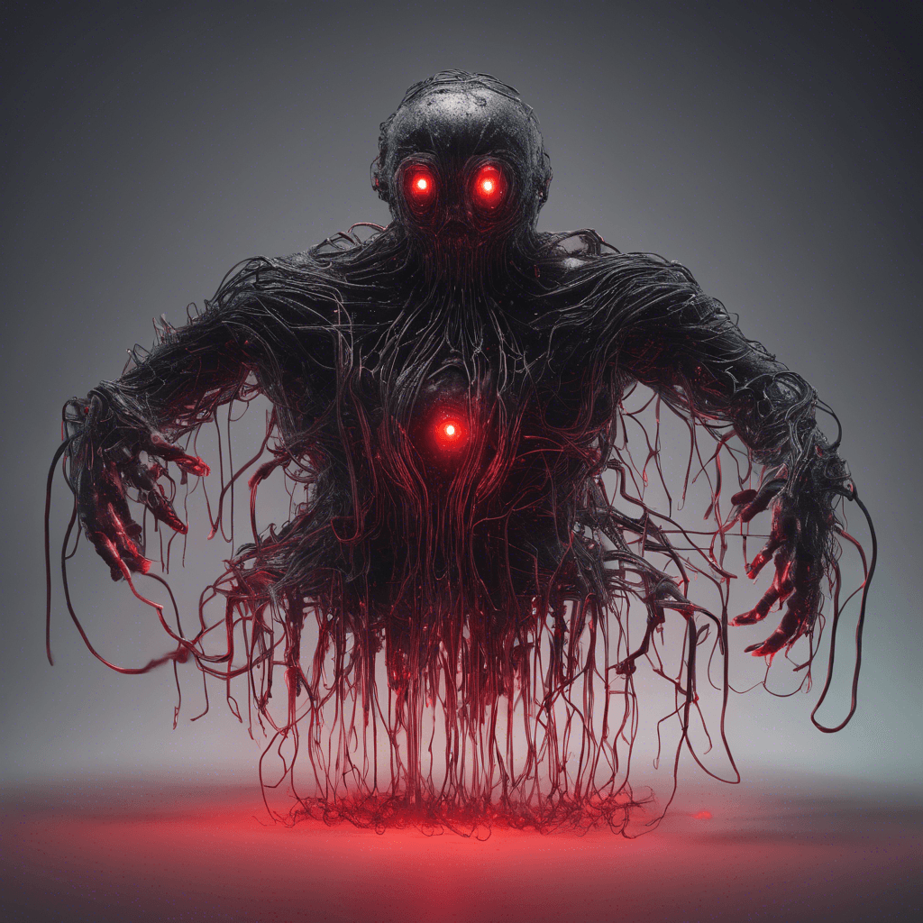 A floating apparition made of flickering code and static, with tendrils of corrupted data streaming from its form. It has glowing red eyes and exudes an aura of malevolent intelligence.