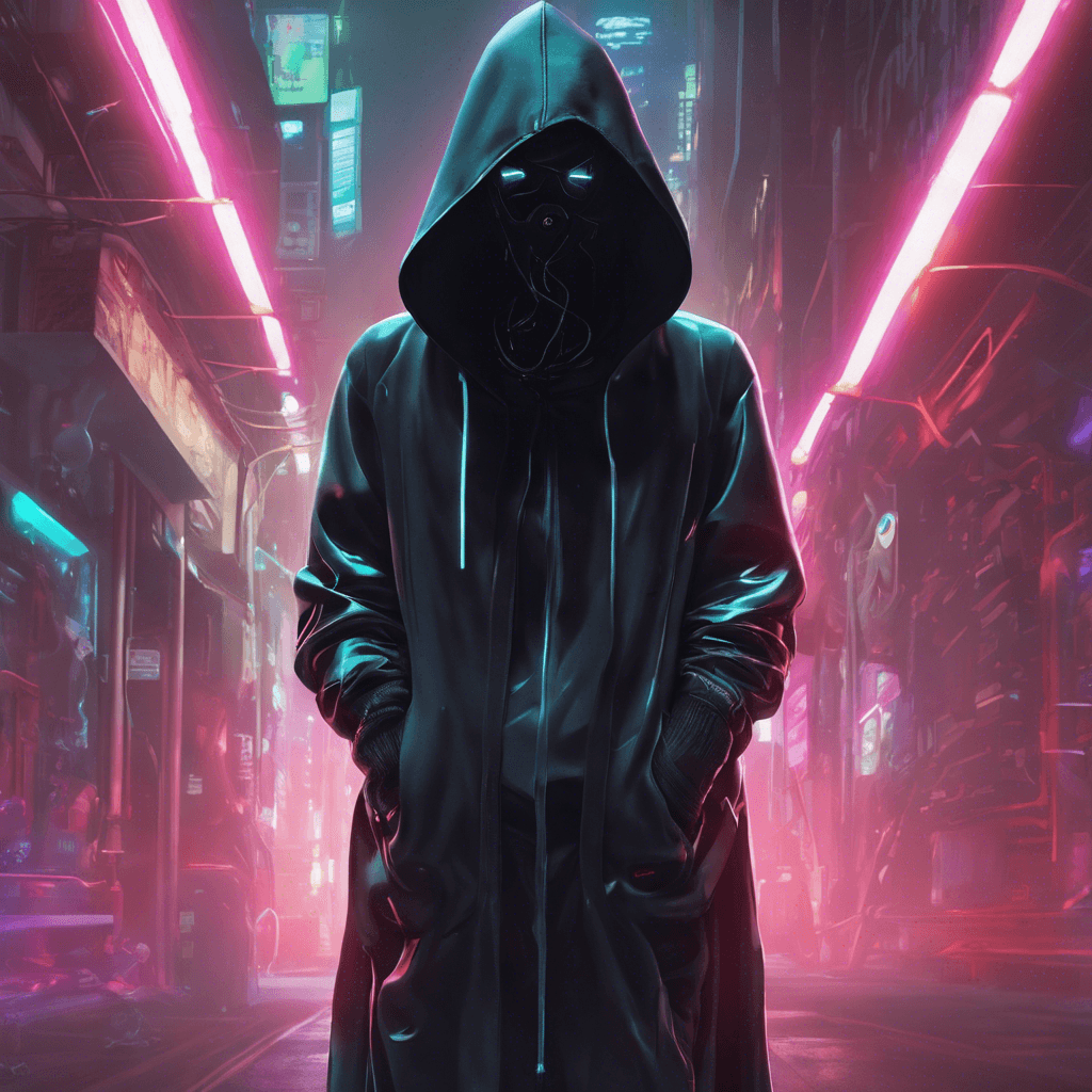 A slender figure draped in a hooded cloak emitting a soft, neon glow. Underneath the hood, a mask with digital readouts covers the face, and the hands are adorned with sleek, black gloves fitted with various hacking devices.