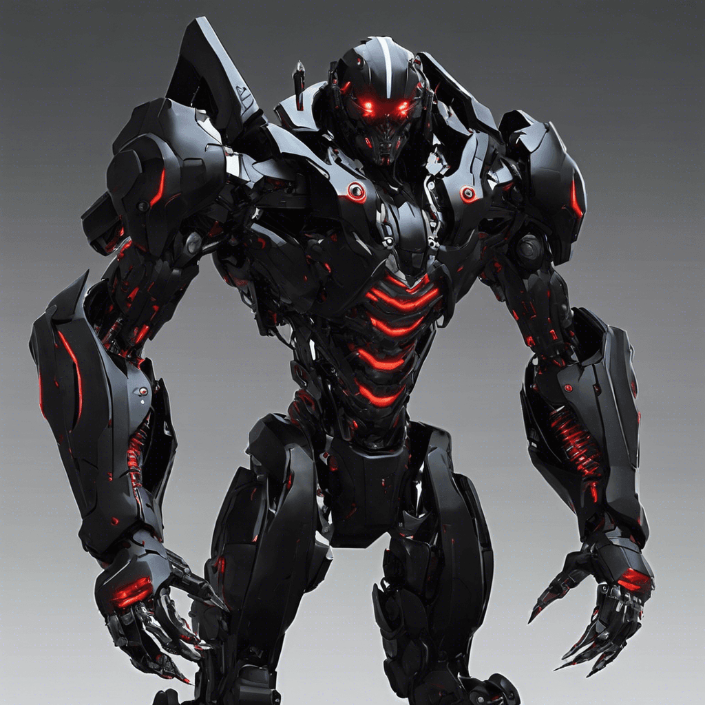 A towering figure clad in sleek, black cybernetic armor with glowing red eyes piercing through the darkness. Its mechanical limbs move with inhuman precision, showcasing the advanced technology integrated into its frame. The sound of whirring servos and crackling energy surrounds this formidable enemy.