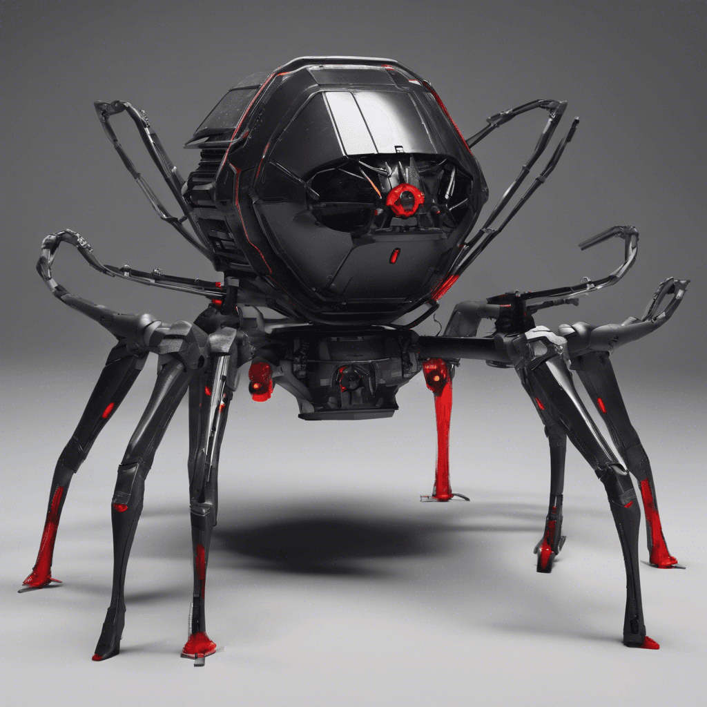 A sleek, spider-like construction, the drone has a jet-black carapace with red scanning sensors that pulse intermittently. Each of its six articulated legs ends in various tools and weaponry, designed for both salvage operations and defense.