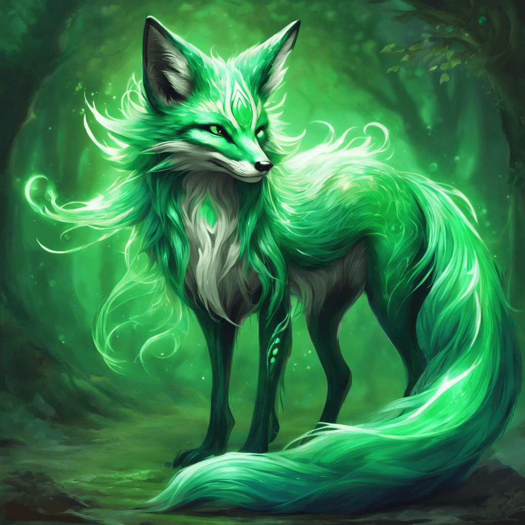 A large fox-like entity with emerald green fur, nine long, flowing tails, and eyes that glimmer with ancient wisdom. It radiates a powerful aura of fey magic.