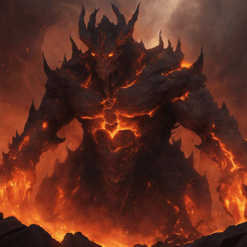 A towering titan with skin of smoldering volcanic rock, fiery veins pulsating beneath its crackling surface. Embers swirl around its horned head, and its eyes are molten pools that burn with ancient wrath.