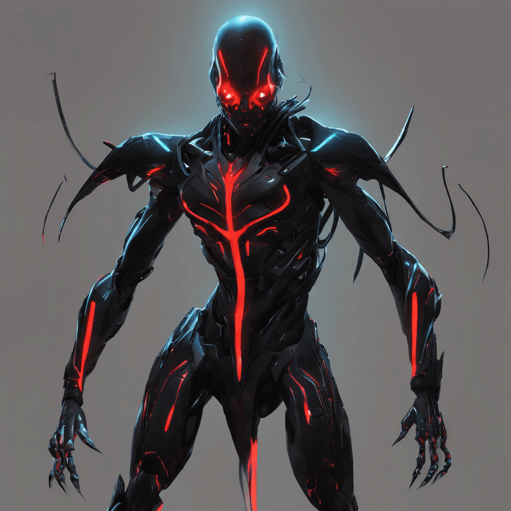 The Neon Shadow Assassin is a cyborg with sleek black metal limbs and glowing neon accents running throughout its body. Its eyes shine a piercing red, giving off an eerie and intimidating aura. Equipped with advanced stealth technology, it can phase in and out of visibility effortlessly.