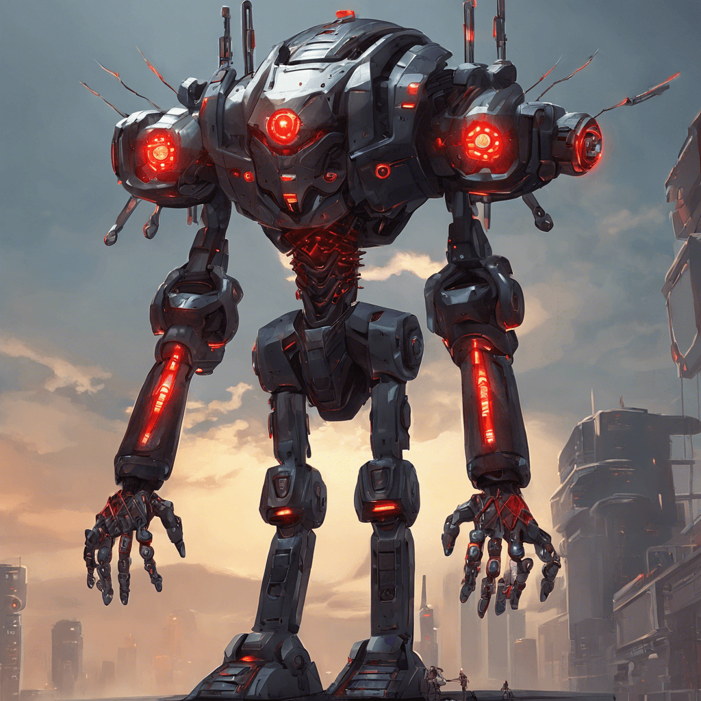 A towering automaton, the Mechatron Sentry has a sleek metal exoskeleton with glowing red sensors for eyes and armed with laser cannons on each arm.