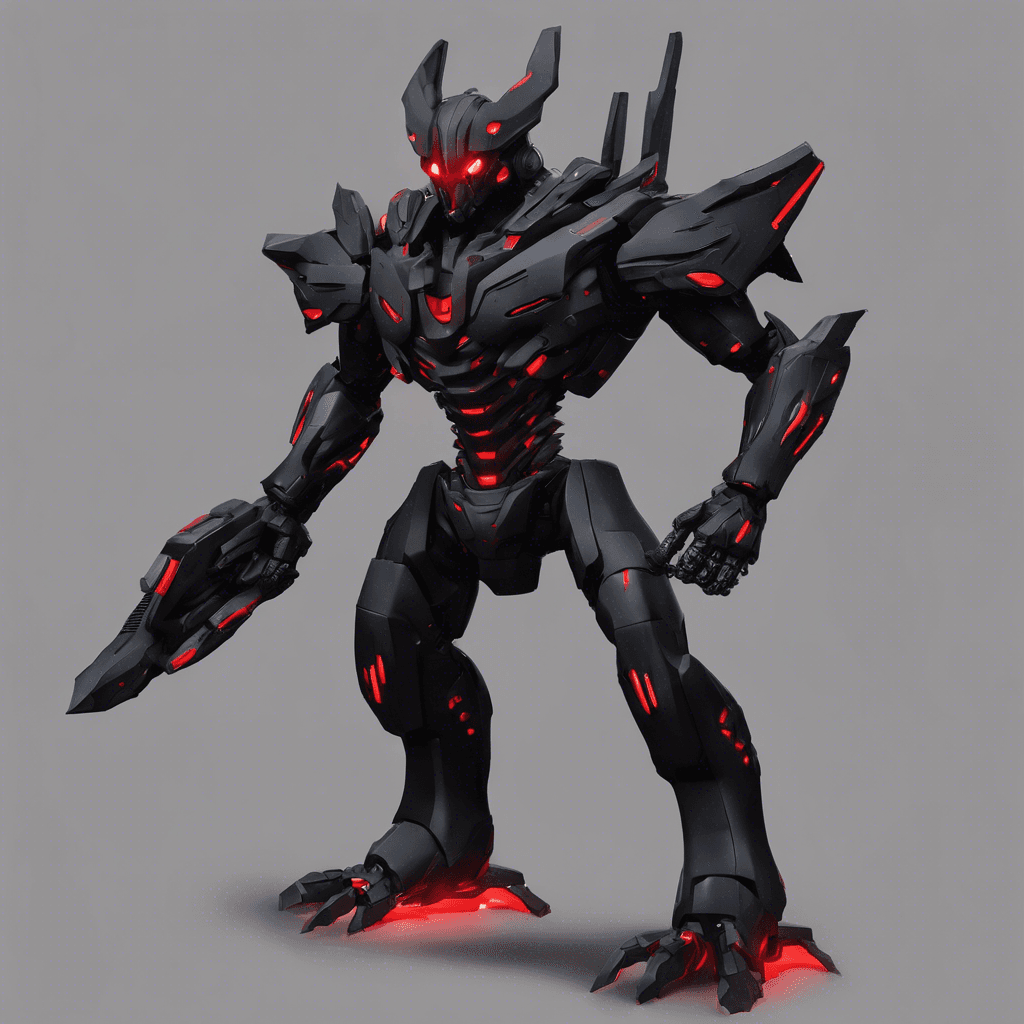 A towering figure in matte black cyber-armor, with glowing red eyes and an array of retractable blades protruding from its forearms.