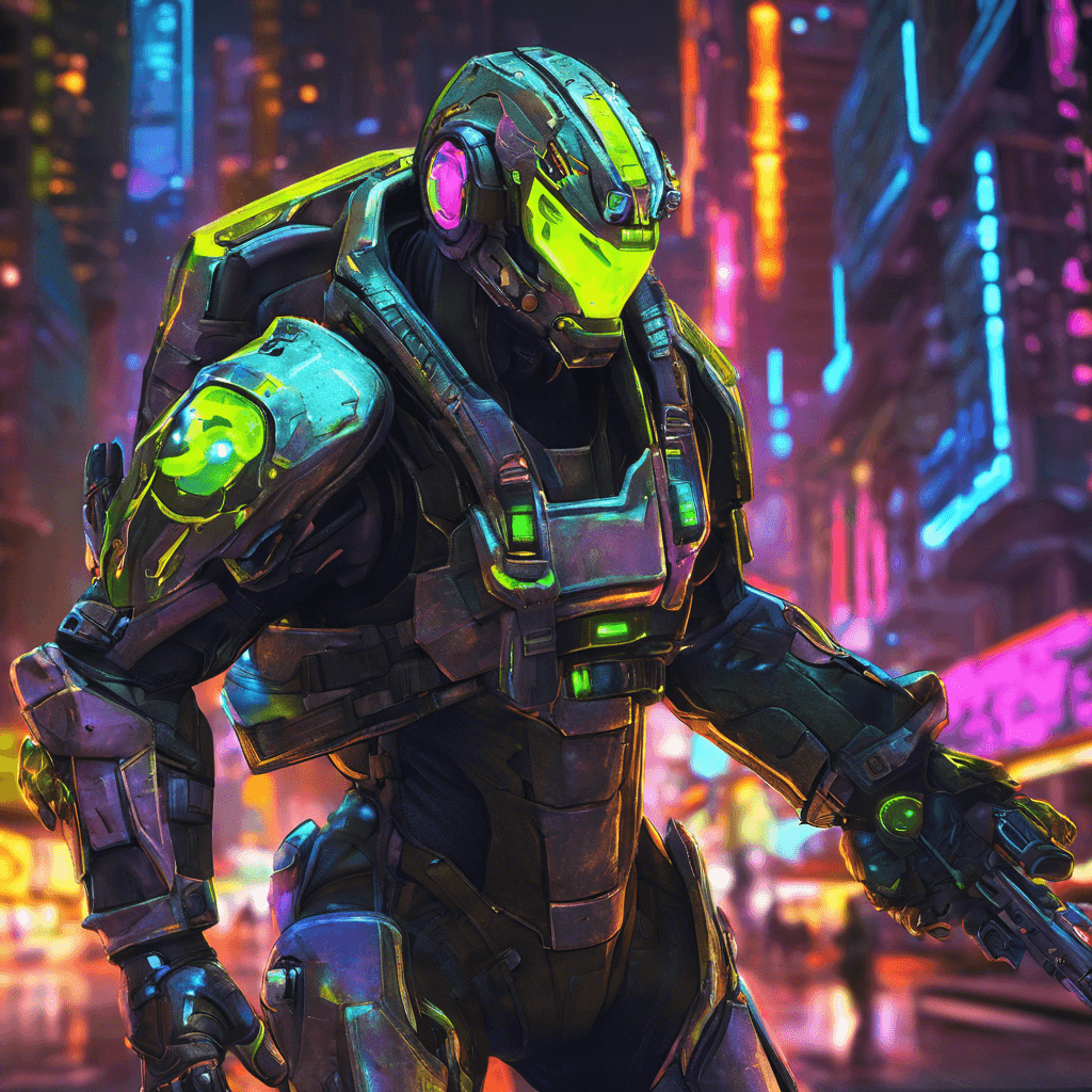 The Tech Mercenary is a heavily augmented individual clad in tactical armor, with glowing cybernetic enhancements visible through the gaps in their gear. Their movements are precise and calculated, augmented by cybernetic reflexes that give them a lethal edge in combat. They appear to be a seasoned veteran of countless battles in the neon-lit streets of Neon City.