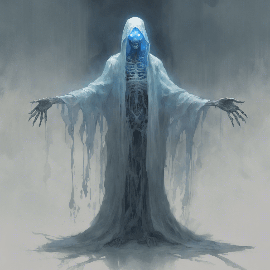 A ghostly figure with translucent skin and hollow, empty eye sockets. Long, tattered robes flow around its emaciated form, and a faint aura of blue luminescence emanates from its body.