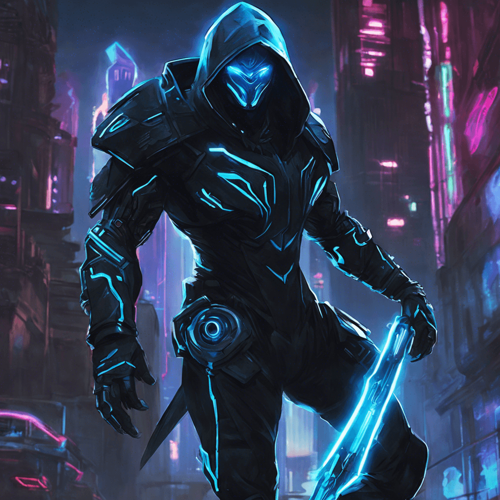 The Neon Stalker is a cybernetically-enhanced assassin, clad in sleek black armor with neon blue accents that pulse with energy. Its eyes glow with an unsettling intensity as it moves with silent grace, tracking its prey through the cybercity.