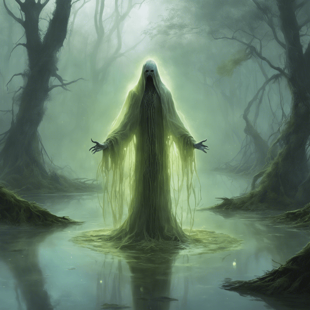 A translucent figure, floating above the swamp with elongated limbs and glowing eyes. Its form is ethereal, with tattered robes that seem to meld with the rising mist.