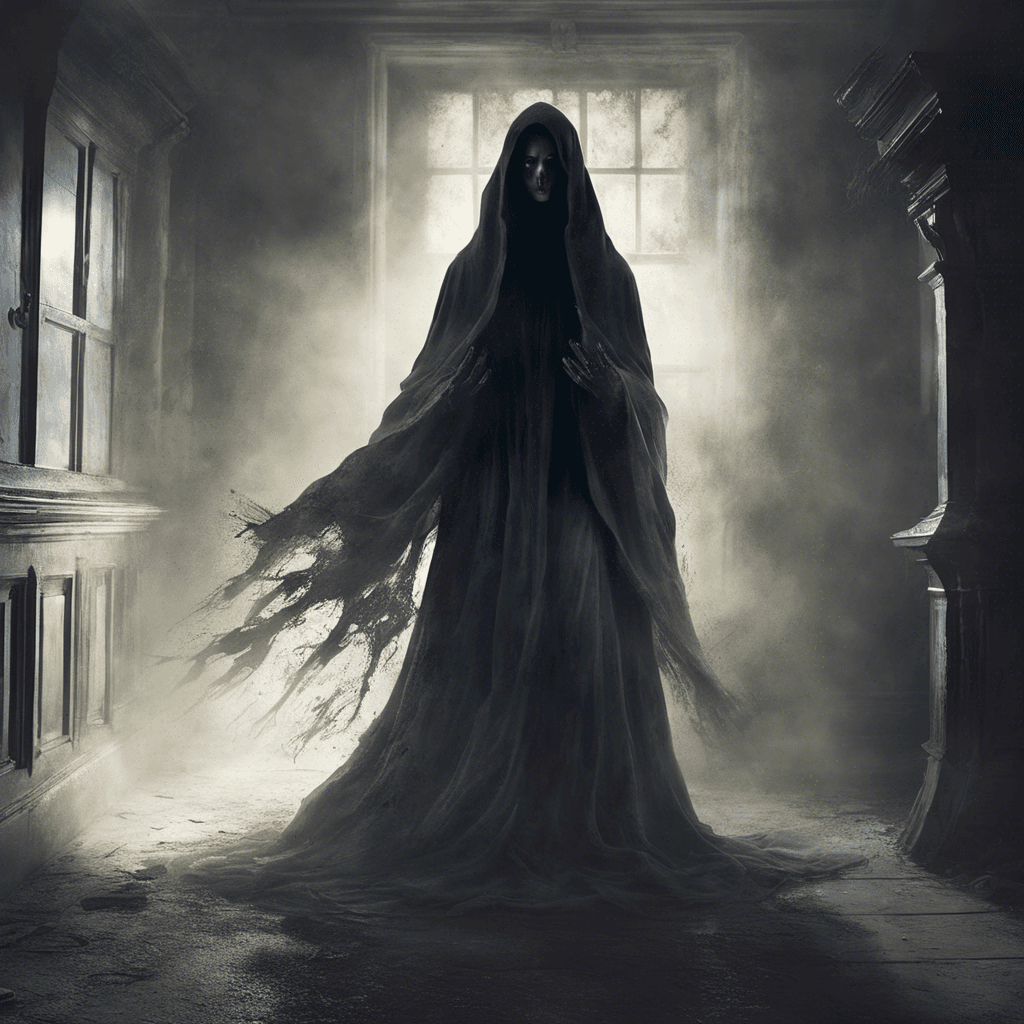 The Specter of Lady Morwick is a ghostly figure cloaked in tattered, ethereal robes, her face obscured by shadows. She emits an eerie, chilling wail that echoes through the halls of Morwick Manor, freezing the blood of those who hear it.