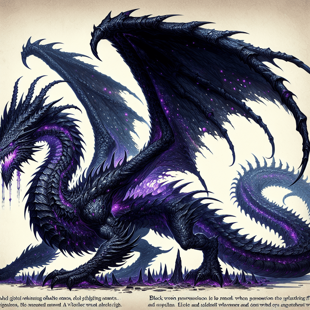 A colossal dragon-like creature with ebony scales that shimmer as if absorbing the scant light around it. Its eyes blaze with a maleficent violet glow. Leathery wings unfold from its back, lined with spines that exude an ominous mist. The Shadowcrag Wyrm bears formidable claws that dig trenches in the very earth, and its serpentine tail leaves a trail of petrified wood and stone in its wake.