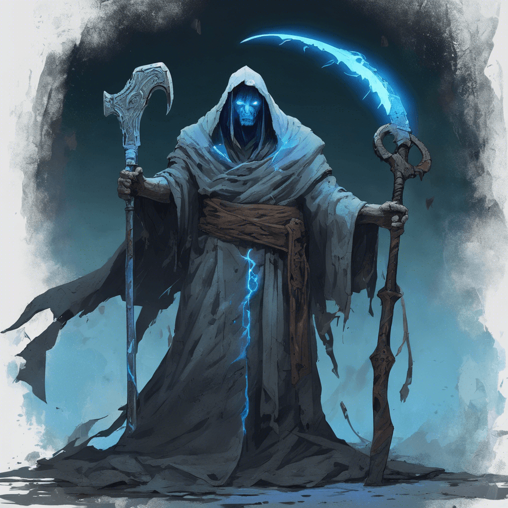 A hulking figure shrouded in ancient tattered robes engraved with arcane markings. Its eyes blaze with an eerie blue light, and it wields a giant rusted scythe that seems to absorb the moonlight, casting an ominous glow.