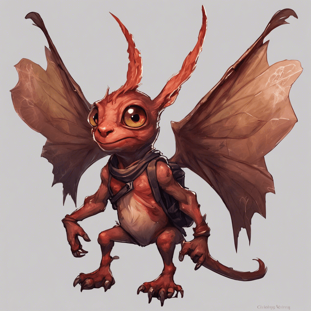 A small, mischievous imp with reddish skin, sharp claws, and a pair of tattered wings flitting about. Its eyes gleam with a cunning light, and it carries a satchel full of tricks and traps.