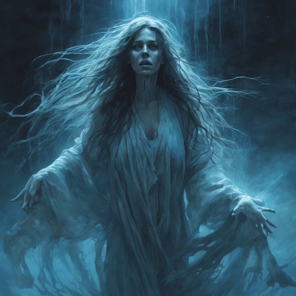 A ghostly woman draped in tattered robes, her long, unkempt hair flowing as if underwater. Her eyes are hollow, glowing with a chilling blue light, and her mouth is open in a perpetual, silent scream as she floats above the ground, her movements jerky and unnatural.