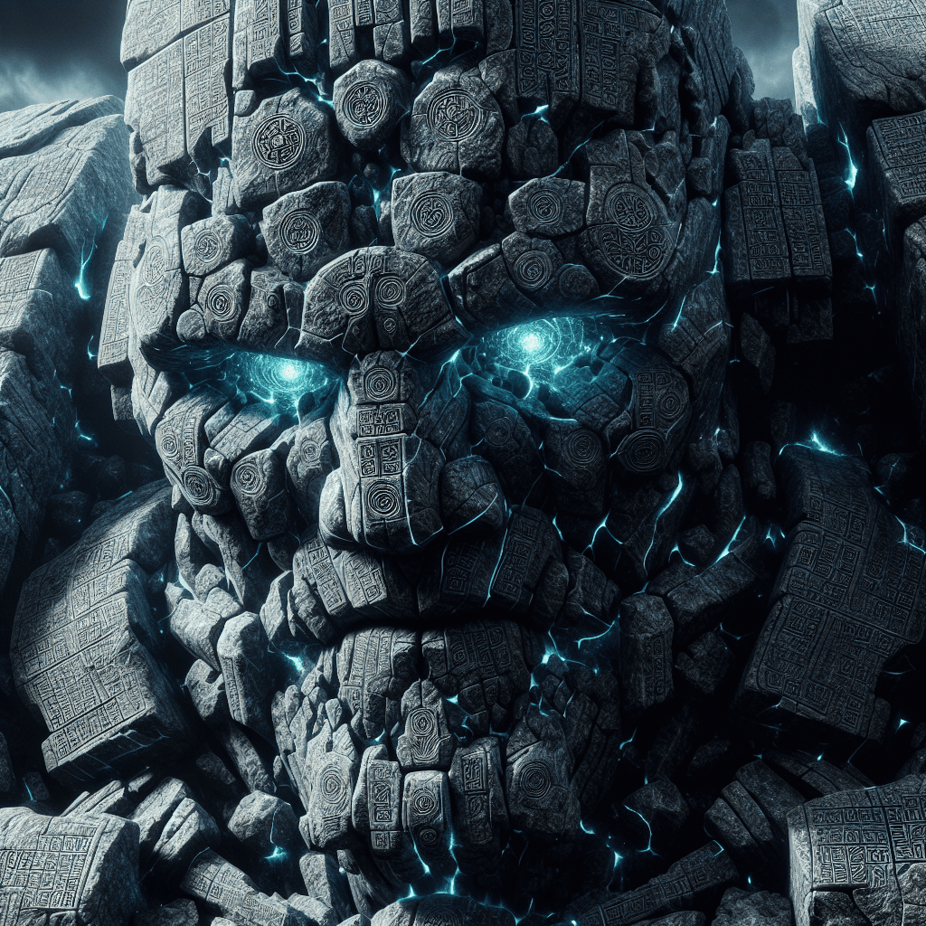 A towering golem made of shifting stone and pulsing magical runes that glow with a harsh blue light. Its eyes are like deep voids, radiating a silent malevolence.