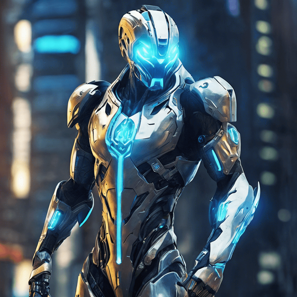 A towering figure clad in a slick exo-suit that glimmers with a matrix of digital runes. Its eyes, concealed behind a visor, emit a piercing blue light. Cybernetic enhancements ripple beneath its suit, and it carries an electrified blade that crackles with energy.