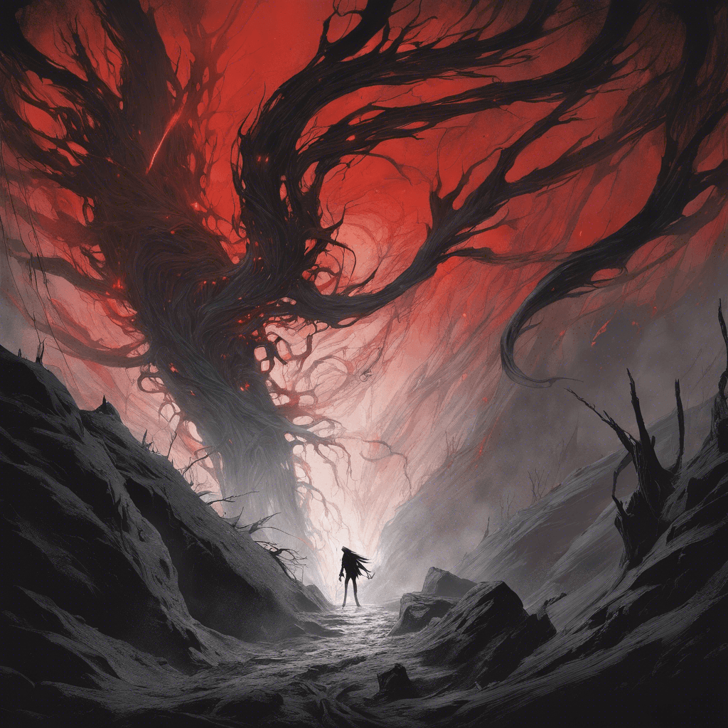 A menacing figure with a swirling mass of shadows for its form, seeming almost insubstantial, with two pinpricks of malevolent red light for eyes. Wisps of dark mist trail from its elongated limbs, and the air around it crackles with dark energy.