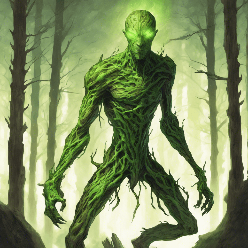 A humanoid figure with skin like tree bark, eyes glowing green, and elongated limbs ending in sharp, branch-like claws.