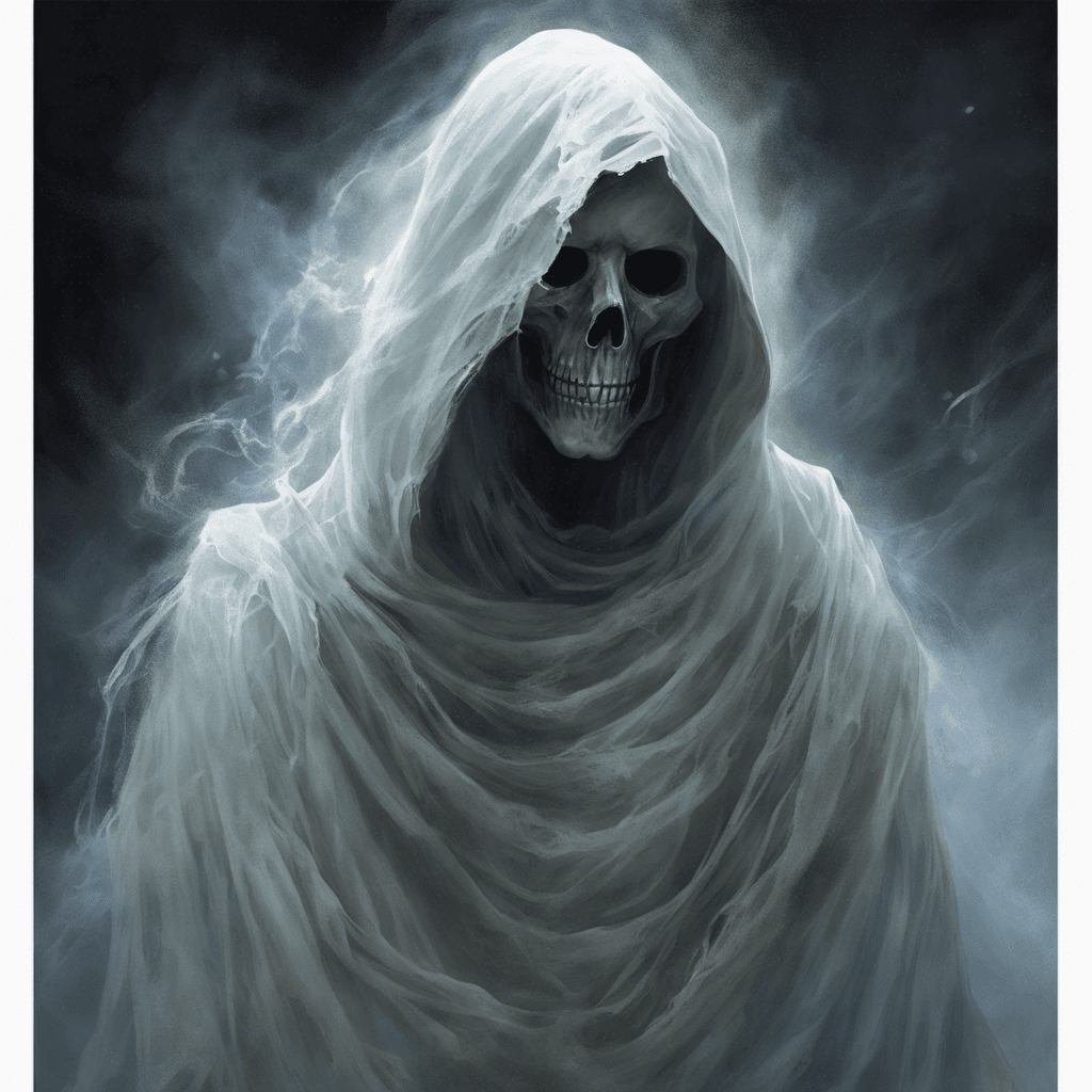 A ghostly figure draped in tattered robes, with hollow eyes that seem to pierce through the darkness. Wisps of ethereal mist surround The Phantom Whisperer, giving it an otherworldly presence.