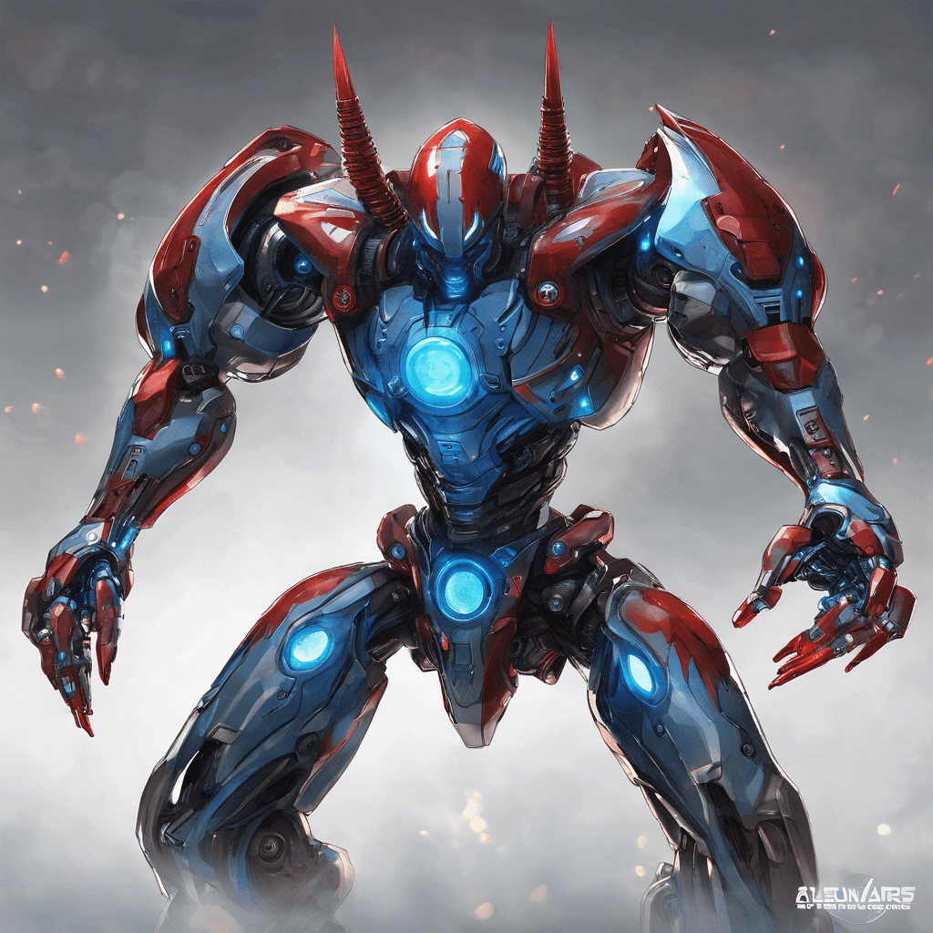 A towering figure of metal and pulsing blue energy, this Synthoid Enforcer looks like a humanoid robot adorned with advanced armor plating. Its eyes glow with a menacing red light, and its arms are equipped with built-in energy weapons capable of high precision targeting.