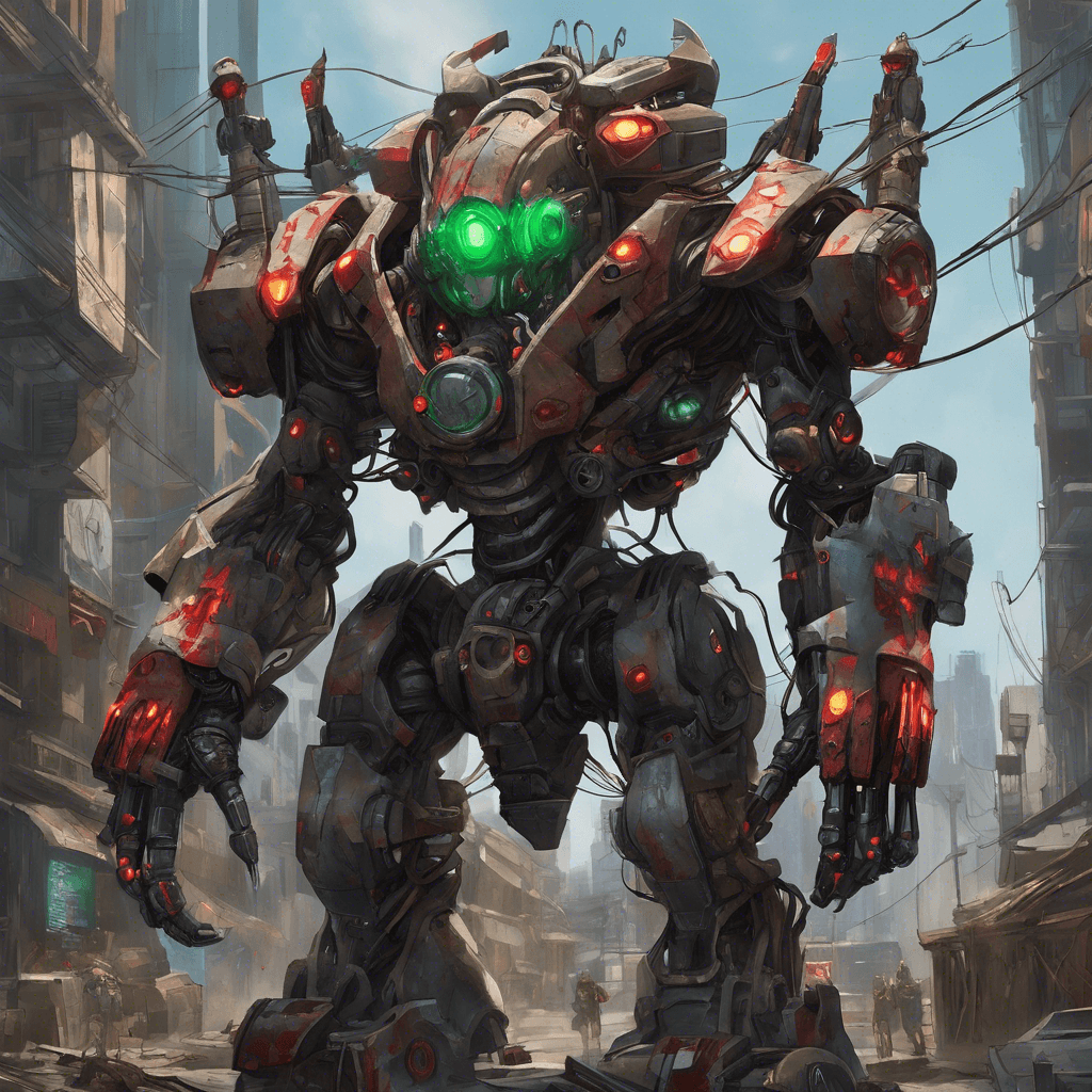 A towering figure clad in patchwork power armor, with exposed hydraulics and wires draping from its frame like twisted vines. Its eyes, two glowing red lenses, scan relentlessly for prey. A salvaged energy blade hums in its gauntlet, and on its back, a jury-rigged tech disruptor cannon whirs ominously, ready to unleash chaos.