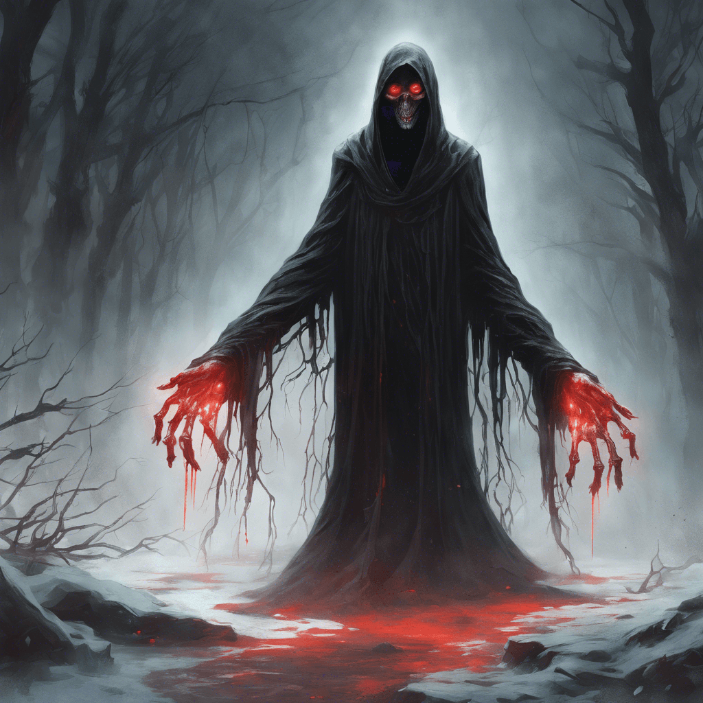 A tall, ghostly figure cloaked in tattered black robes, with glowing red eyes and long, skeletal fingers reaching out to grab its victims. It floats silently through the darkness, leaving a trail of icy chill in its wake.