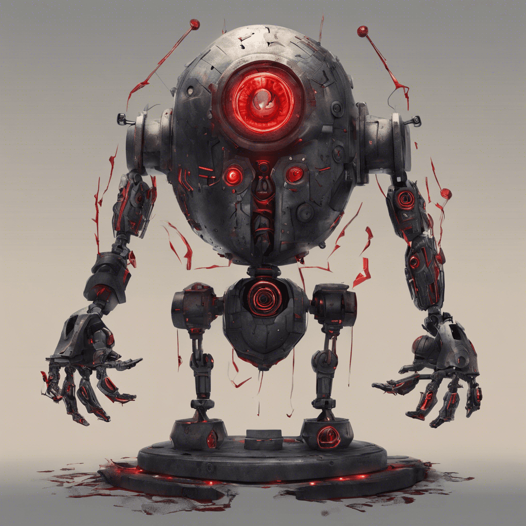 A towering automaton with a sleek, metallic body. Its ominous red eyes scan intruders as it clutches a pulsating energy weapon. The robot's shell is adorned with archaic symbols and warning signs of high voltage.