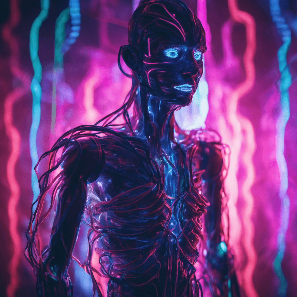 A humanoid figure made entirely of shifting neon light, resembling a glitch in reality. Its edges blur and flicker erratically, creating an unsettling and mesmerizing aura. Wisps of neon light stream off its form like digital smoke.