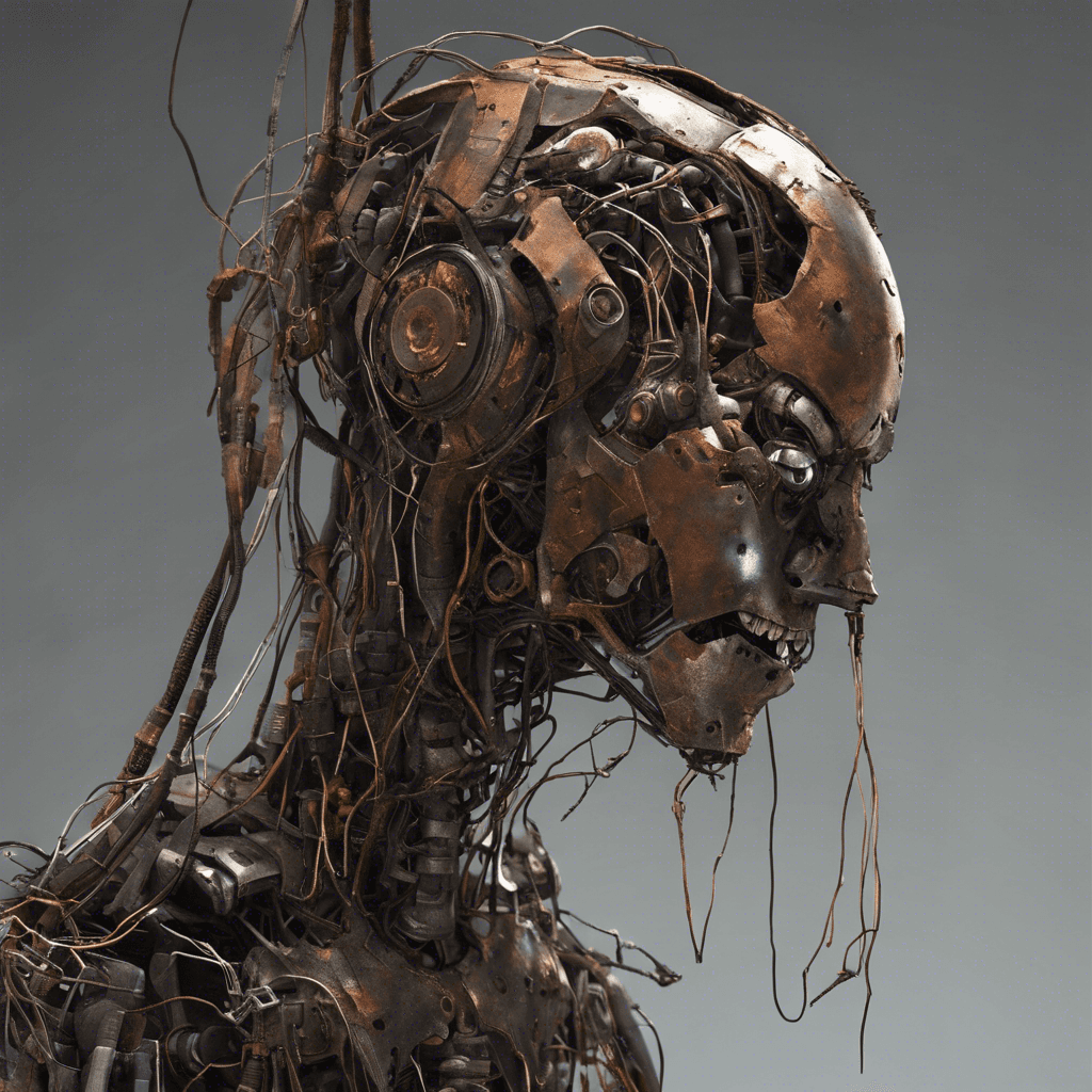 This ancient android is a patchwork of rusted metal and frayed wires, with one dimly lit ocular sensor flickering in its head. Its limbs hang awkwardly, servos whining with each labored movement. Coverings of old synthetic skin are peeling off, revealing the deteriorating cybernetic enhancements beneath.