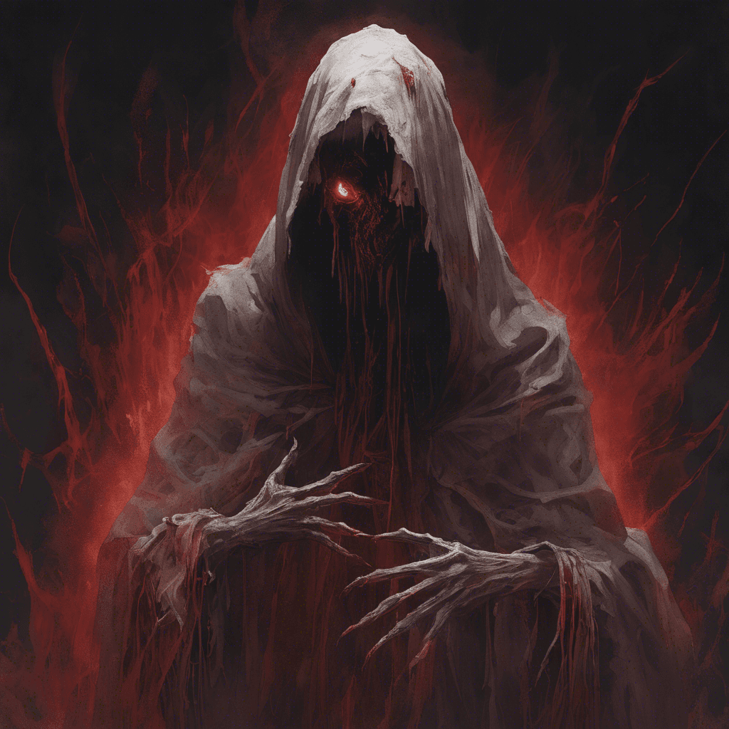 A spectral figure cloaked in tattered garments, its hollow eye sockets burning with a malevolent crimson light. Its hands end in wickedly sharp, ethereal blades that seem to flicker in and out of existence. It moves with an unsettling jittery motion, as if it's being viewed through a broken, flickering film.