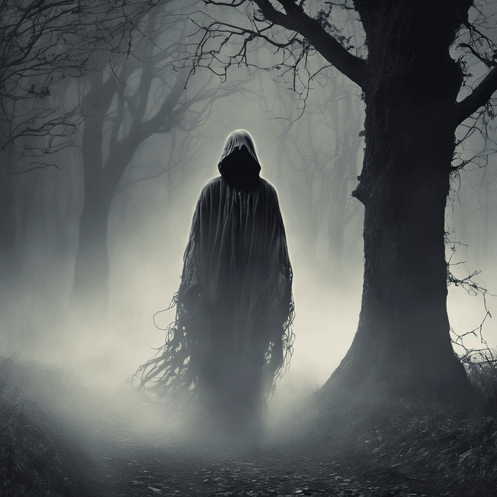 The Specter of Grimwood Manor is a ghostly figure that appears as a translucent silhouette clad in tattered clothing, with hollow eyes that seem to pierce through the darkness. Wisps of ethereal mist trail behind it as it floats effortlessly through the air, emitting an eerie moaning sound that sends shivers down the spine of anyone who hears it.