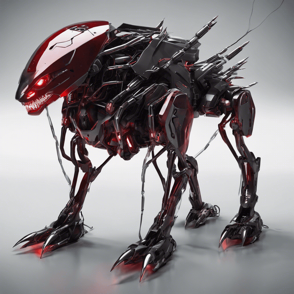 A menacing four-legged robotic creature with exposed wires, sharp metallic teeth, and eyes glowing with a deep red hue. Its sleek, dark chrome body is stealth-designed for urban hunting, and its limbs are equipped with razor-edged claws.