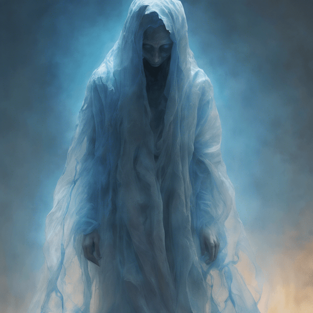 A translucent figure, ethereal with ragged edges like torn fabric, drifts erratically. Its eyes are hollow yet burn with a haunting blue light. It exudes an aura of despair and wretchedness.