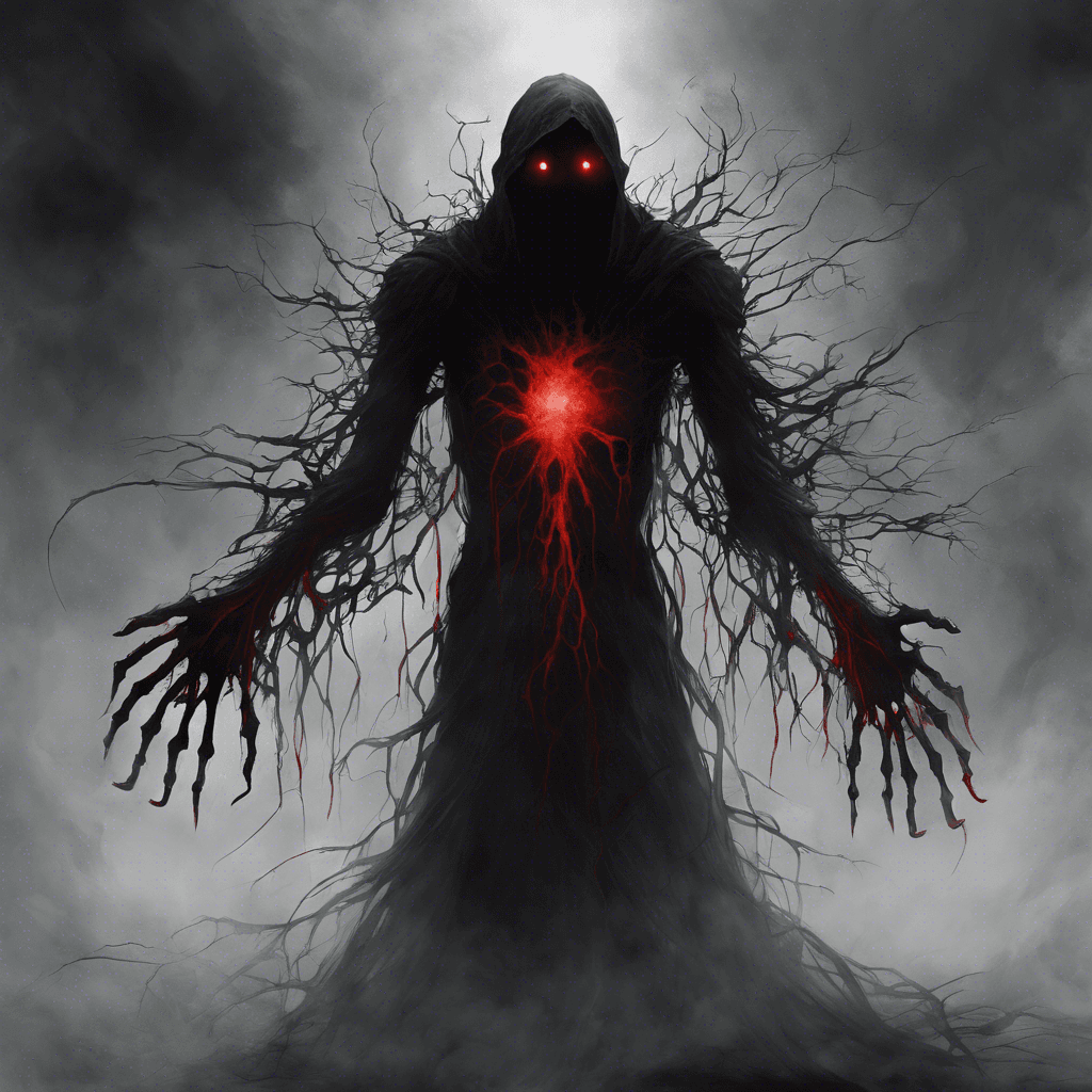 The Harbinger of Despair is a tall, shadowy figure that emanates an aura of fear and hopelessness. Its eyes glow with a malevolent red light, and its skeletal hands reach out towards its victims with an icy chill. Wisps of dark mist swirl around its form, making it appear as though it is made of pure darkness.