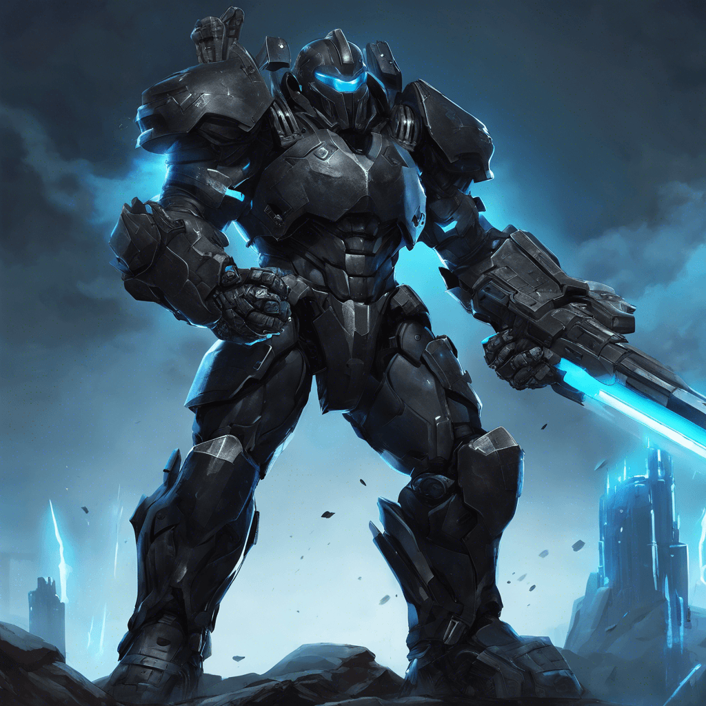 A towering figure clad in bulky, matte-black armor, with an array of integrated weapons visible on its arms. It has a menacing stance, and its helmet visor glows with a cold blue light.