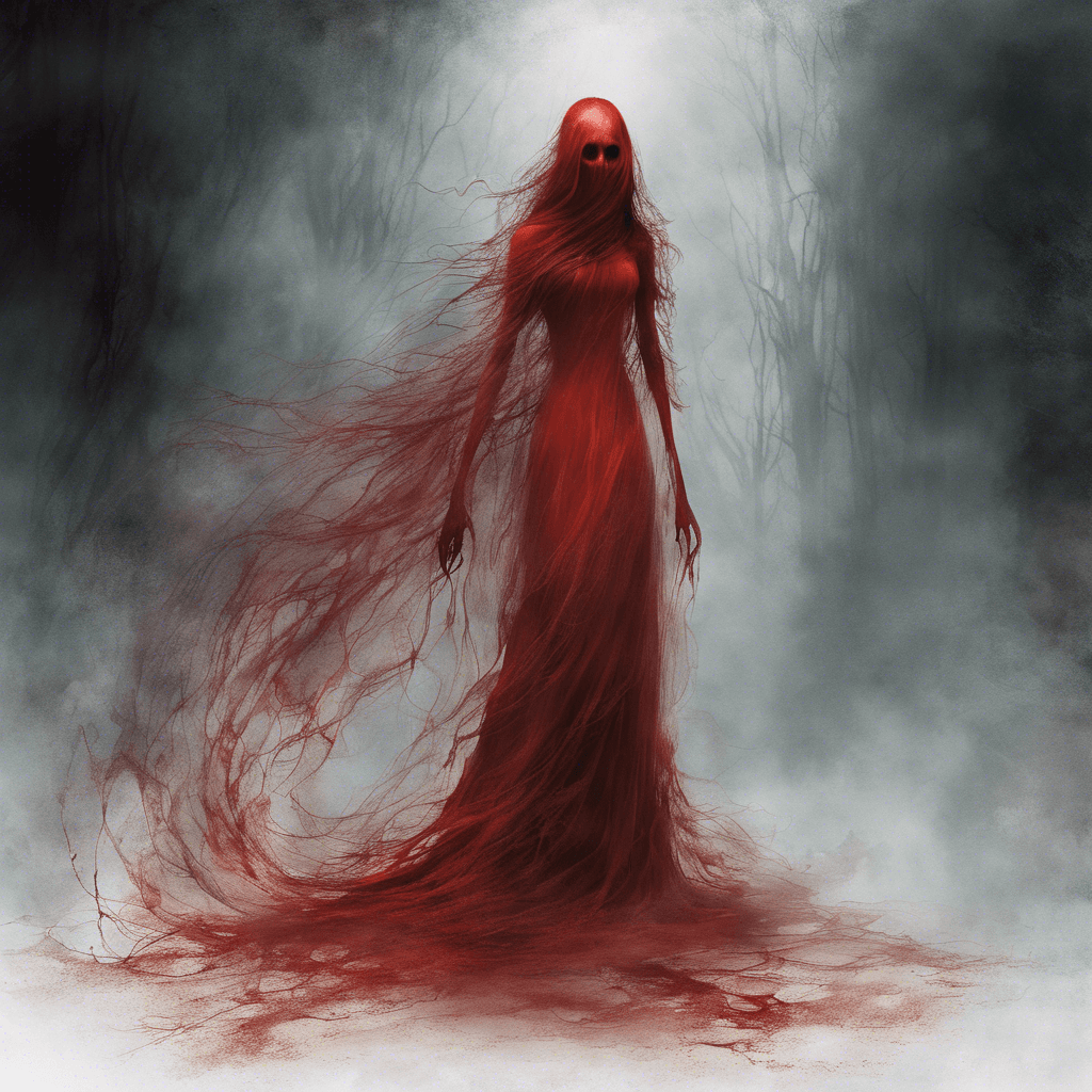 The Specter of the Red Lady is a ghostly figure of a woman in a tattered red dress, her eyes hollow and filled with malice. Wisps of ethereal red mist swirl around her, emitting a chilling aura that freezes the air around her. She emits a blood-curdling wail that echoes through the halls of haunted mansions, striking fear into the hearts of all who hear it.