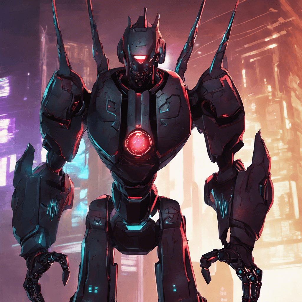 The Shadow Sentinel is a tall, sleek robot with a metallic sheen. Its body is adorned with glowing cybernetic enhancements that crackle with energy. Its glowing red eyes scan the area, ready to attack any intruders in Neo-Eden.