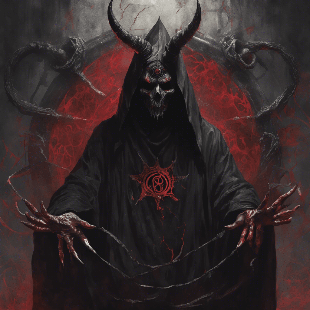 A member of the satanic cult, shrouded in a tattered black robe with crimson symbols, face obscured by a twisted, horned mask, and fingers adorned with sharp, silver rings.