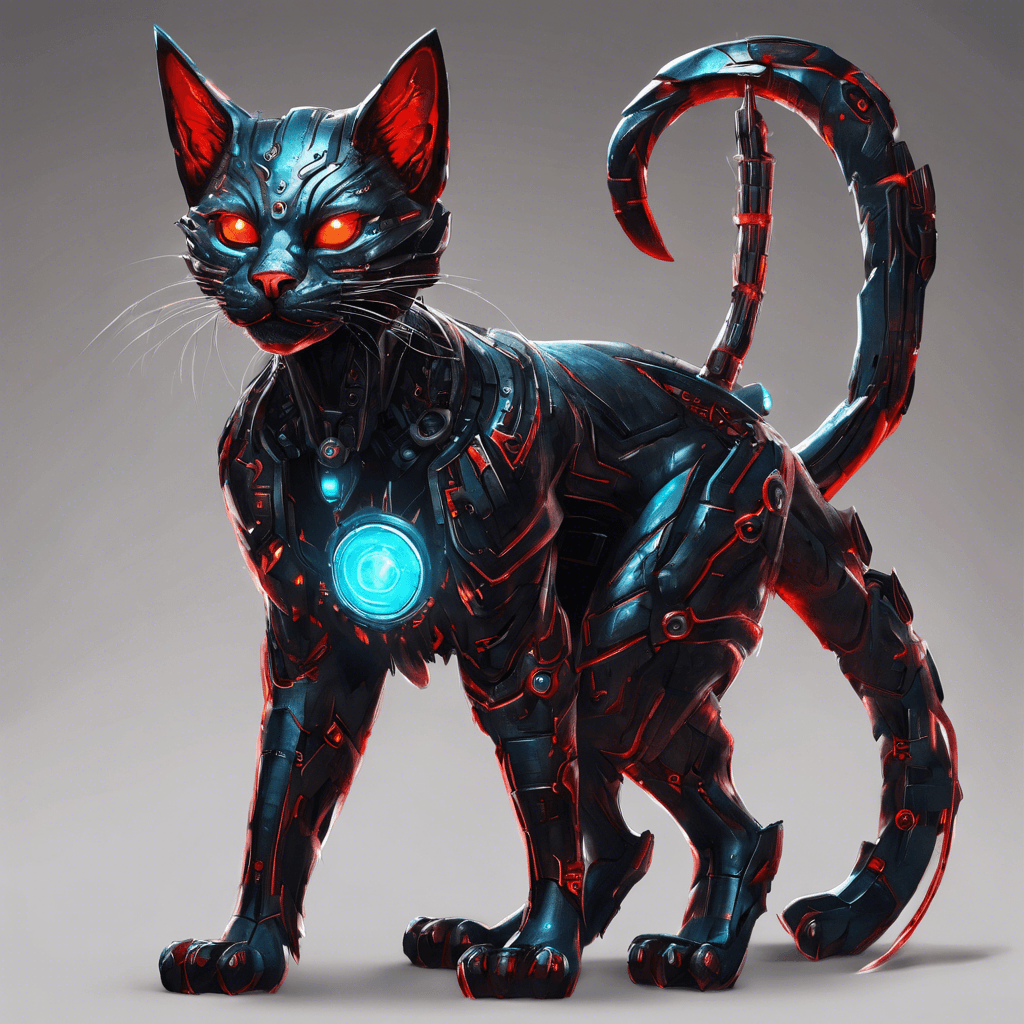 A rogue cybernetic feline, sleek in stature with gleaming metal limbs and vibrant circuitry patterns etched across its dark synthetic fur. Its eyes emit a piercing red glow, and sharp electrified claws extend menacingly from its paws.