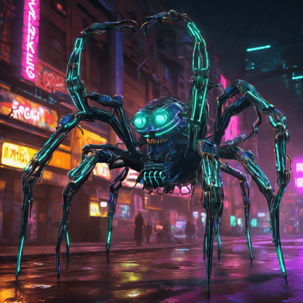 The Neon Cyber Spider is a massive arachnid-like creature, covered in glowing neon lights and sharp metal cybernetic enhancements. Its eight legs move with lightning speed, and its multiple eyes scan the surroundings for potential threats. This mechanical predator emits a crackling energy field, making it a formidable enemy in the dark alleys of the cyberpunk city.