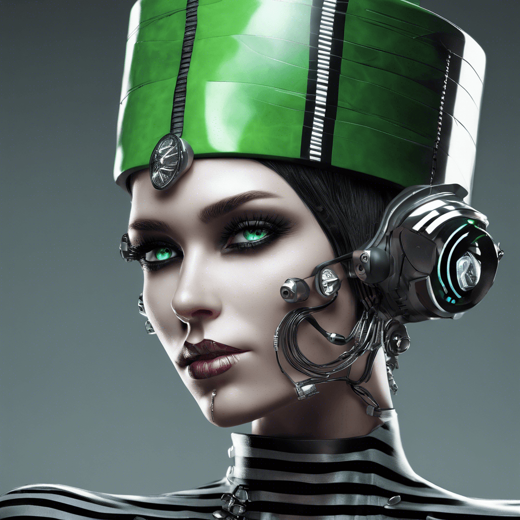 A slender elf with piercing green eyes dressed in striped corporate attire consisting of a slick suit and a top hat. Electronics and cybernetic enhancements are visibly integrated into her skin, giving her an eerie fusion of elfin grace and machine precision.