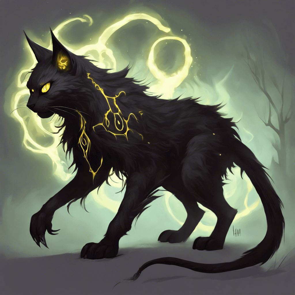 A sinister feline creature with dark fur matted with eldritch symbols, luminescent yellow eyes, and long, razor-sharp claws. It walks on its hind legs and emits a faint, magical glow from within its chest.