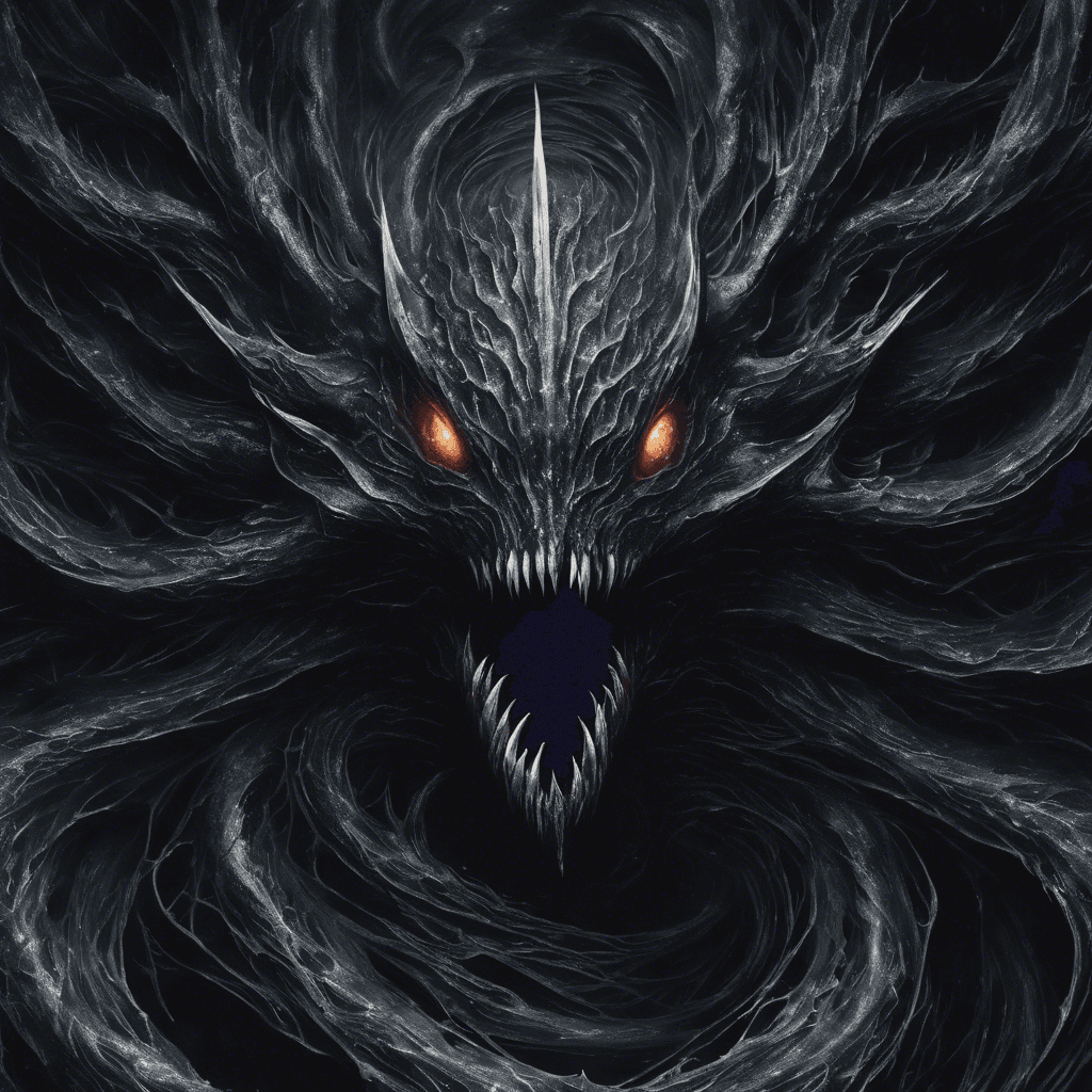 A shimmering mass of darkness, tendrils of shadows swirling within its core, eyes like collapsed stars gaping from the abyssal body, and a maw lined with razor-sharp teeth designed to rend the fabric of reality.