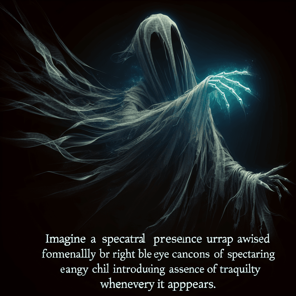 A ghostly figure draped in tattered robes, with faint blue wisps of ethereal energy emanating from its eyeless sockets and outstretched hands. Its movements are serene, but the air chills in its presence.